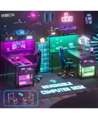 49'' Small L Shaped Desk with Hutch, Reversible Computer Gaming Desk with Outlet and LED Strip
