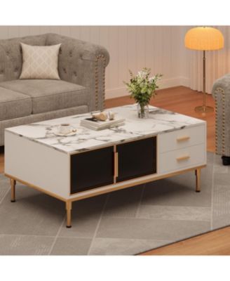 Coffee Table, Modern Coffee Table for Living Room with 4 Drawers, Glass-Front Cabinets, Faux Marble Fluted Panel Design