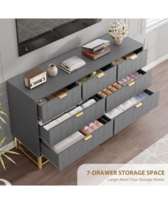 53.5 Inch Grey 7-Drawer Modern Dresser, Gold Metal Handle & Legs, Chest Storage Organizer for Closet, Entryway