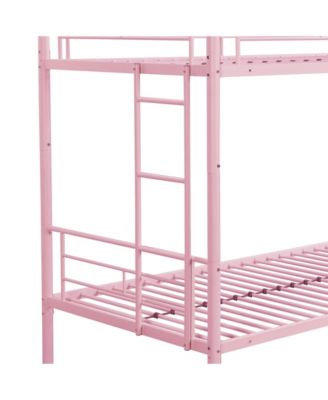 Metal Bunk Bed Pink Twin Over Twin, No Box Spring Needed, Easy Assemble with Safe Stairs