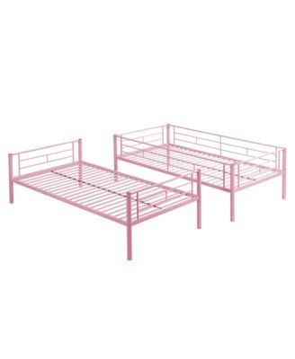 Metal Bunk Bed Pink Twin Over Twin, No Box Spring Needed, Easy Assemble with Safe Stairs