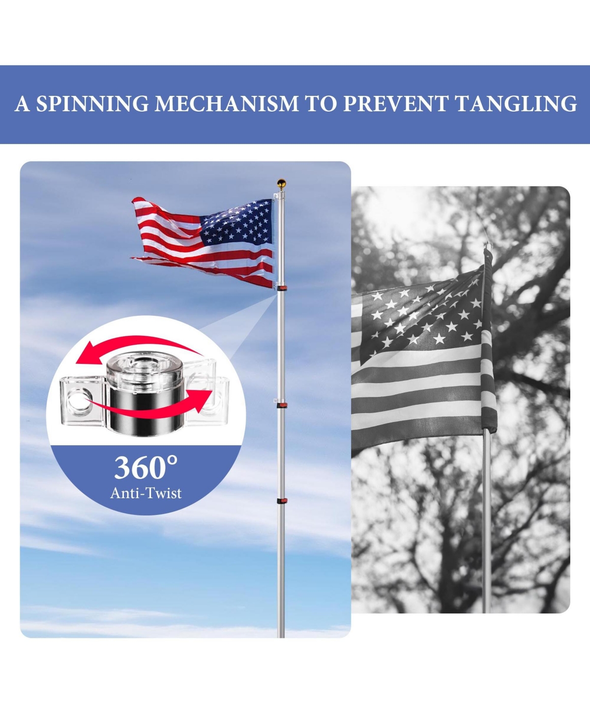 Yescom Ez Go 25Ft Commercial Telescoping Flag Pole Kit Portable Display Sign Banner Pole for Outside Hotel Business Events Advertising Flag Silver