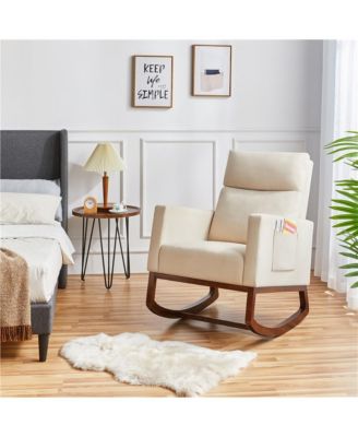 Fabric Upholstered High Back Rocking Chair with Solid Wood Legs, Side Pockets