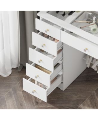 11-Drawer Vanity with 3 Color LED Mirror, Tempered Glass Countertop,Crystal Handle, Makeup Table,Chest