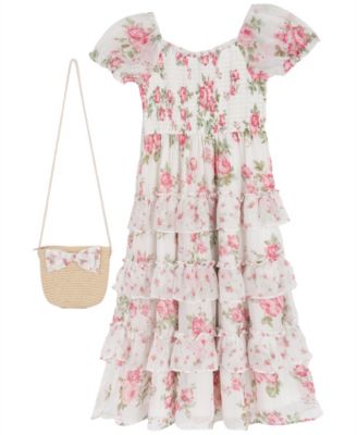 Girls' 2T-6X Twin Print Floral Chiffon Smocked Puff Sleeve Dress