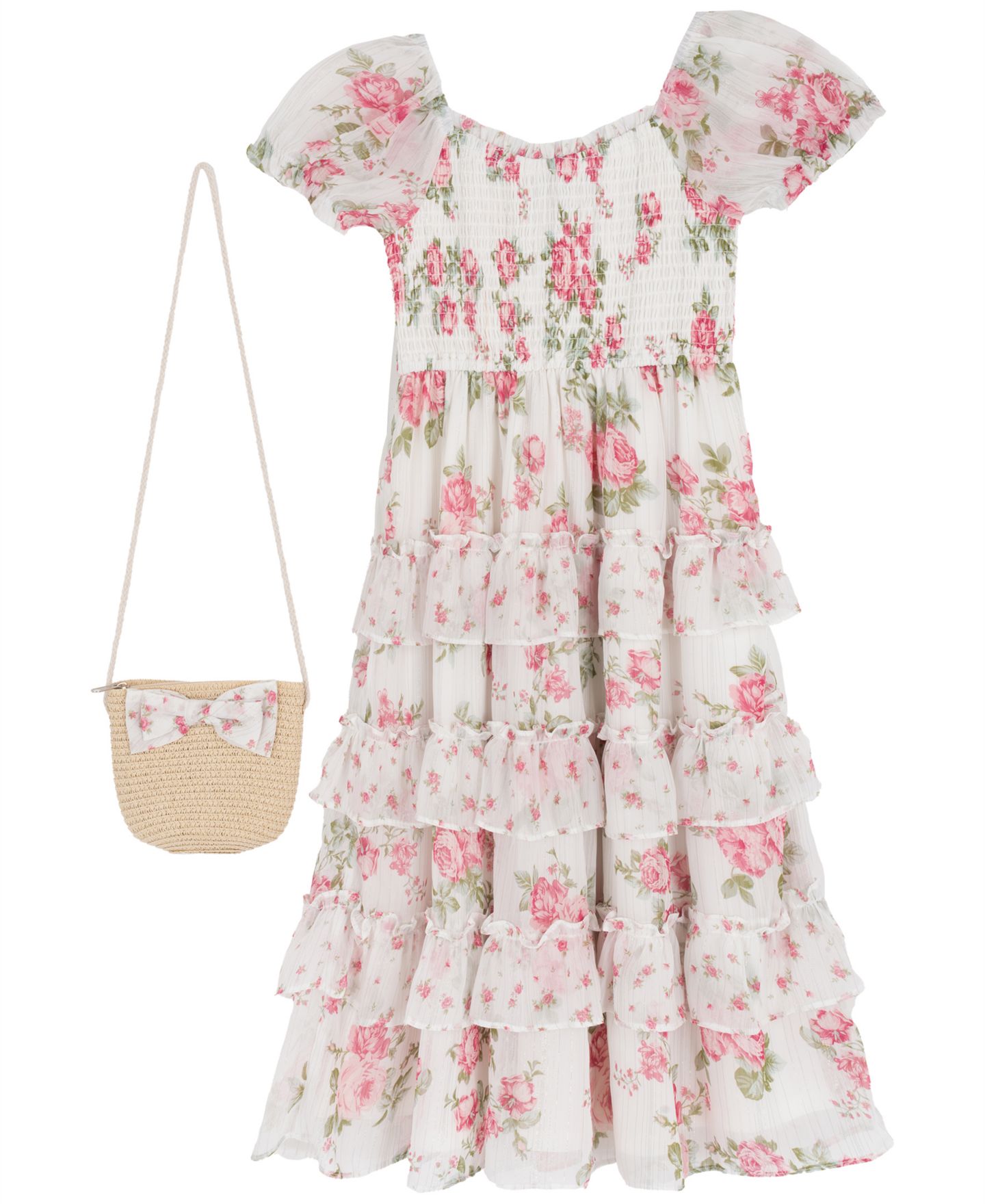 Платье Rare Editions Twin Print Floral Chiffon Smocked Puff Sleeve Dress для девочек, цвет: Розовый — фото 5