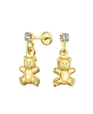 Whimsical Playful Animal Teddy Bear Dangling Stud Earrings CZ Plated Brass