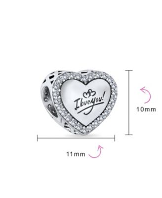 Set of 2 Words "I LOVE YOU" Crystal Accent Edge Love Heart Shape & Clear CZ Flower Shape Charm Bead Oxidized .925 Sterling Silver