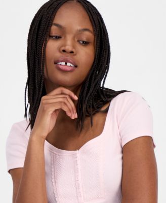 Juniors' Ribbed Lace-Yoke Top