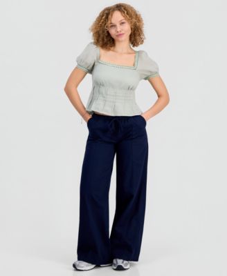 Juniors' Lace-Trim Pleated Babydoll Top