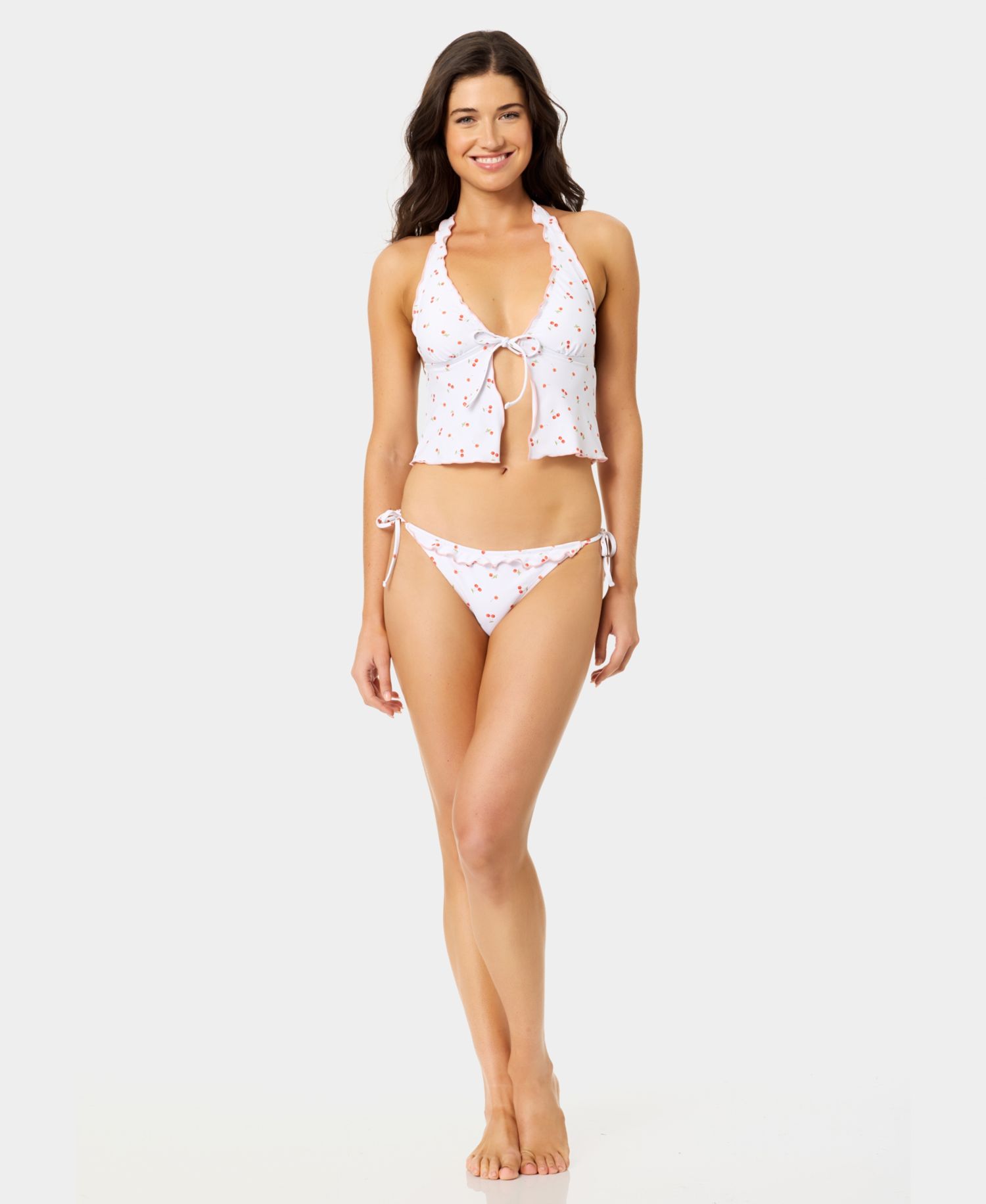 Women's Mini Cherry Lettuce Edge Flyaway Tankini Top and Ruffle-Tie Bottoms