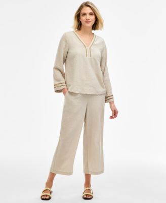 Women's Ladder-Trim Crinkle Gauze V-Neck Top