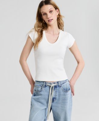 Women's V-Neck Rib-Knit Short-Sleeve T-Shirt