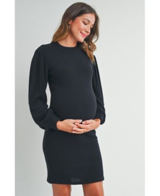 Maternity Ribbed Mock Neck Puff Long Sleeve Dress