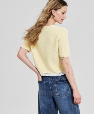 Women's Crochet-Trim Rib-Knit Sweater