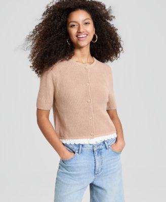 Women's Crochet-Trim Rib-Knit Sweater