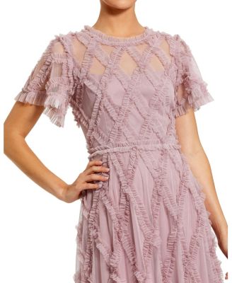 Women's Mesh High Neck Short Sleeve Ruffle Maxi Dress