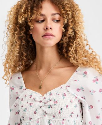 Juniors' Printed Cotton Long-Sleeve Babydoll Top