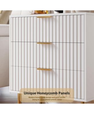 3-Drawer White Fluted Dresser, Modern Nightstand with Deep Drawers, Wide Top, Wooden Organizer for Bedroom, Living Room, Hallway