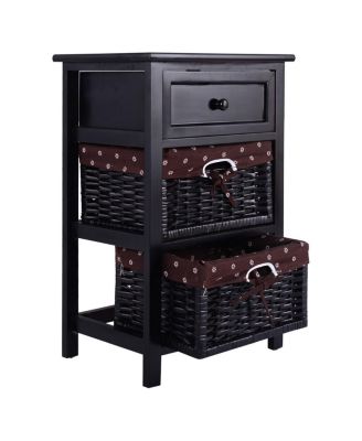 3 Tiers Wooden Storage Nightstand with 2 Baskets and 1 Drawer