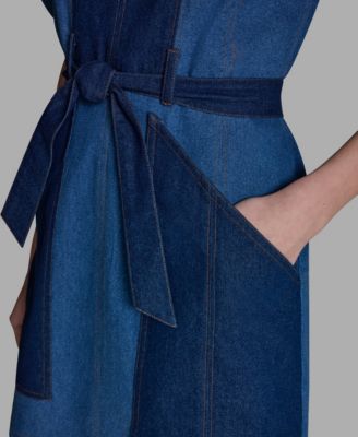 Women's Two-Tone Tie Waist Crew neck Dress