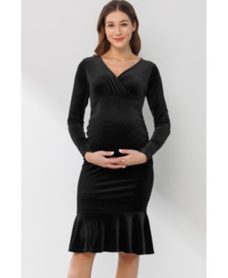 Maternity Velvet V Neck Long Sleeve Ruched Dress
