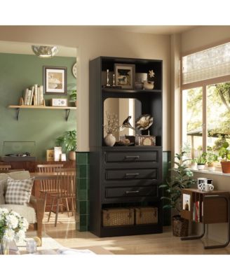 MDF, Metal, Glass Freestanding Closet System with 3 Drawers, 25'' Closet Drawer Organizer with Mirror and Storage Shelves