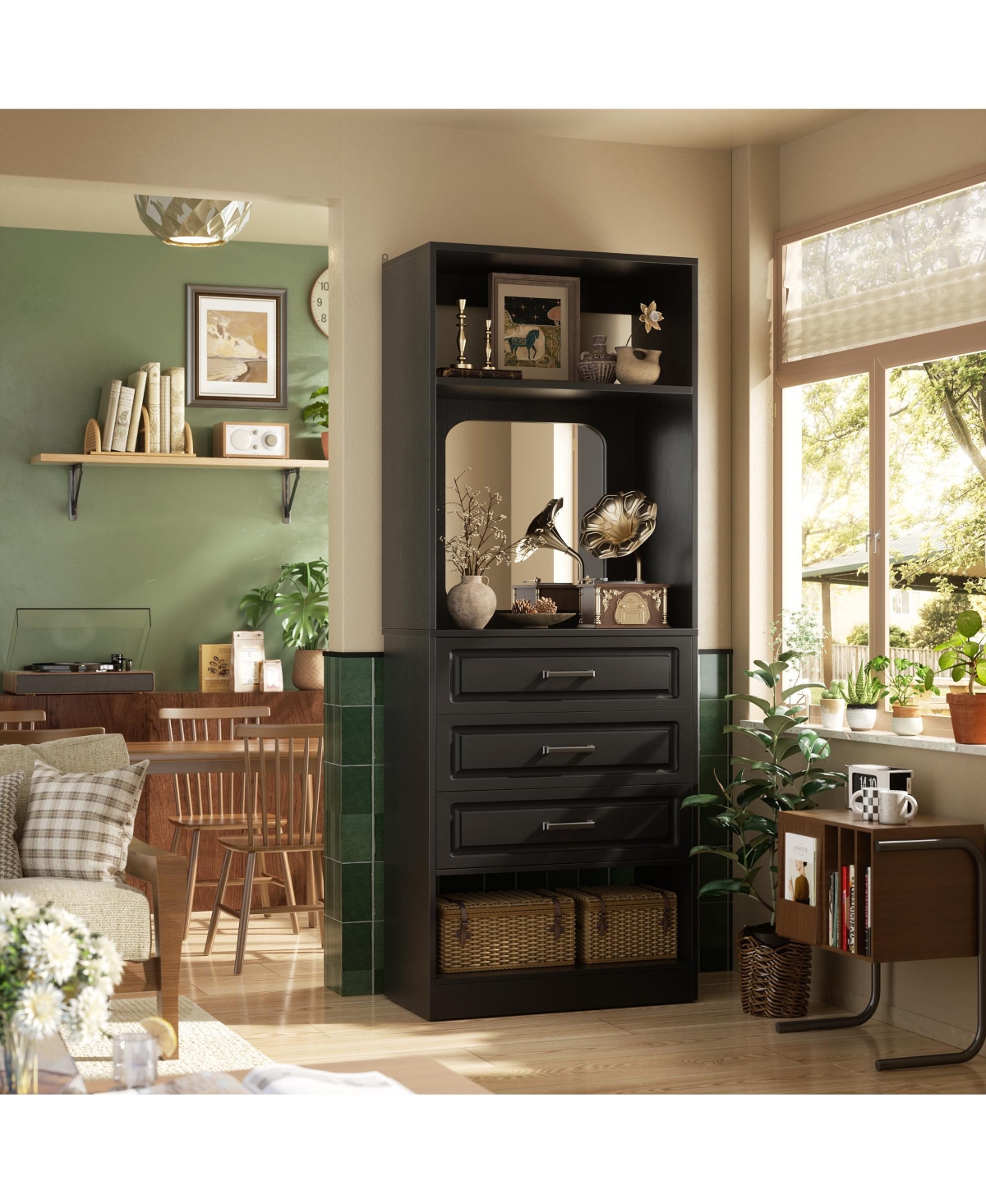 Aheaplus Mdf, Metal, Glass Freestanding Closet System with 3 Drawers, 25'' Drawer Organizer Mirror and Storage Shelves