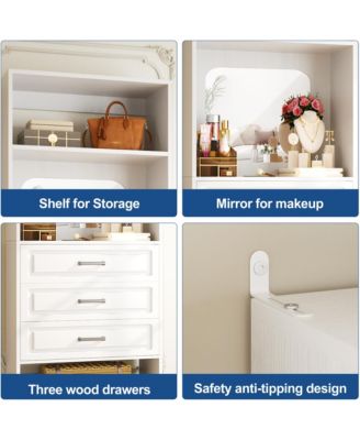 MDF, Metal, Glass Freestanding Closet System with 3 Drawers, 25'' Closet Drawer Organizer with Mirror and Storage Shelves