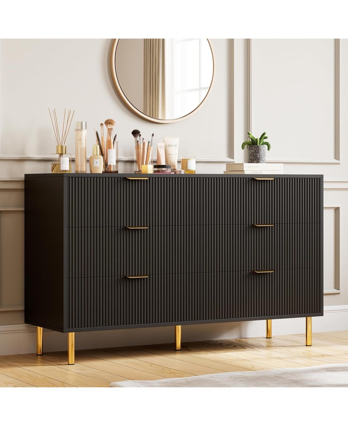 gaomon 6-Drawer Modern Black Dresser, Gold Handle, Wide Double Chest, Large Drawer Storage Organizer for Bedroom, Living Room, Entryway