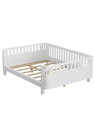 Full Size Wood Platform Bed for Kids with Low Profile and Safety Rails, White (Patented Design)