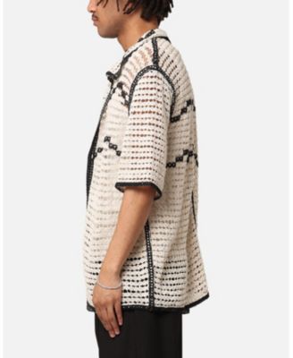 Men's Western Crochet Button Up Shirt Cream/Black
