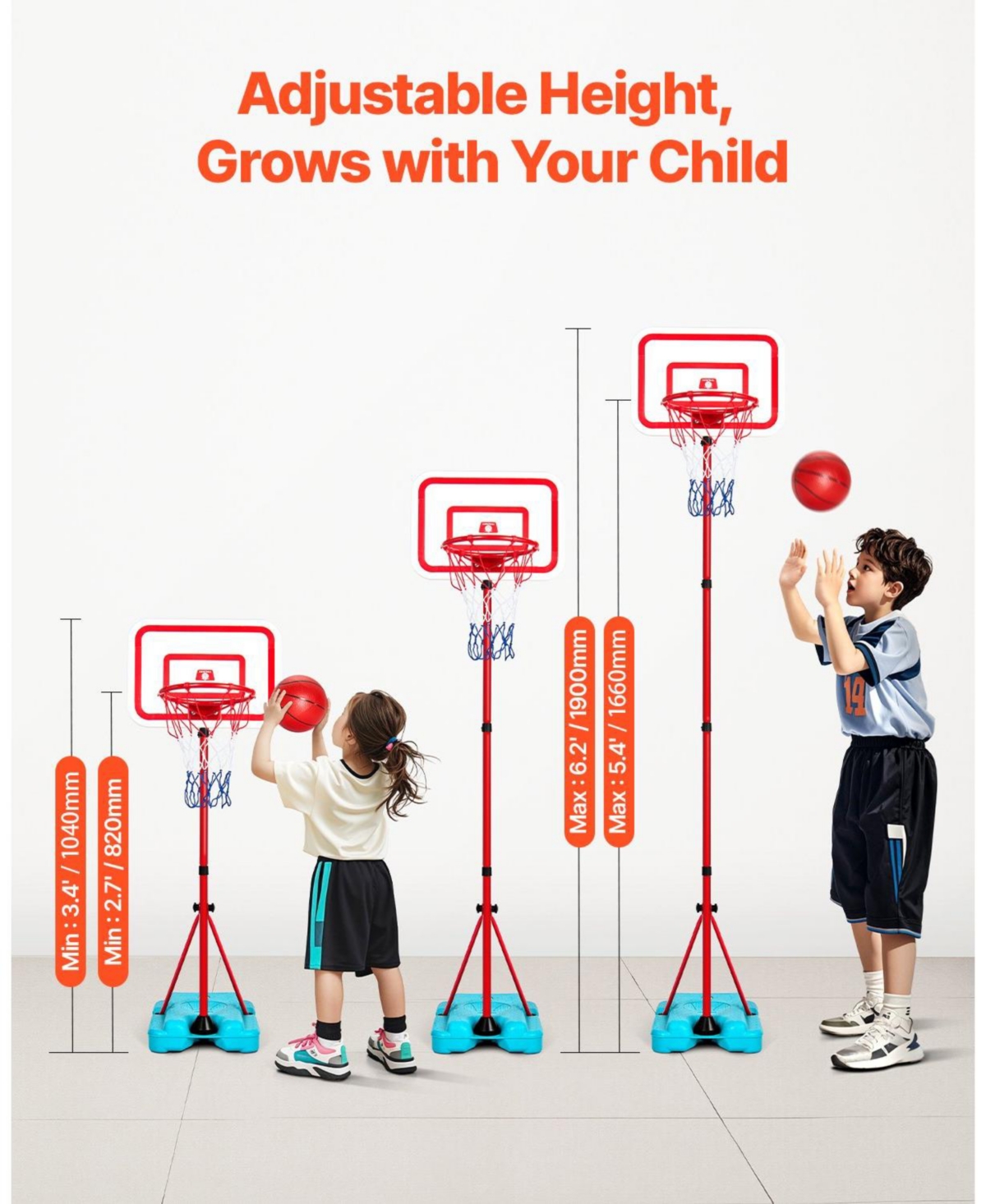 Hongge Kids Adjustable Basketball Hoop Set with Height Adjustment and Indoor Outdoor Play Accessories