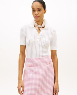 Women's Pointelle Rib Short-Sleeve Polo Sweater