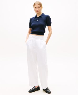 Women's Flag Pointelle Puff-Sleeve Polo Sweater