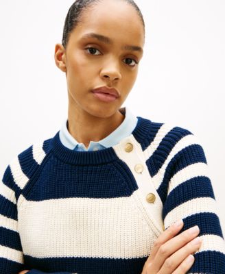 Women's Gold-Tone Button Utility Crew Neck Sweater