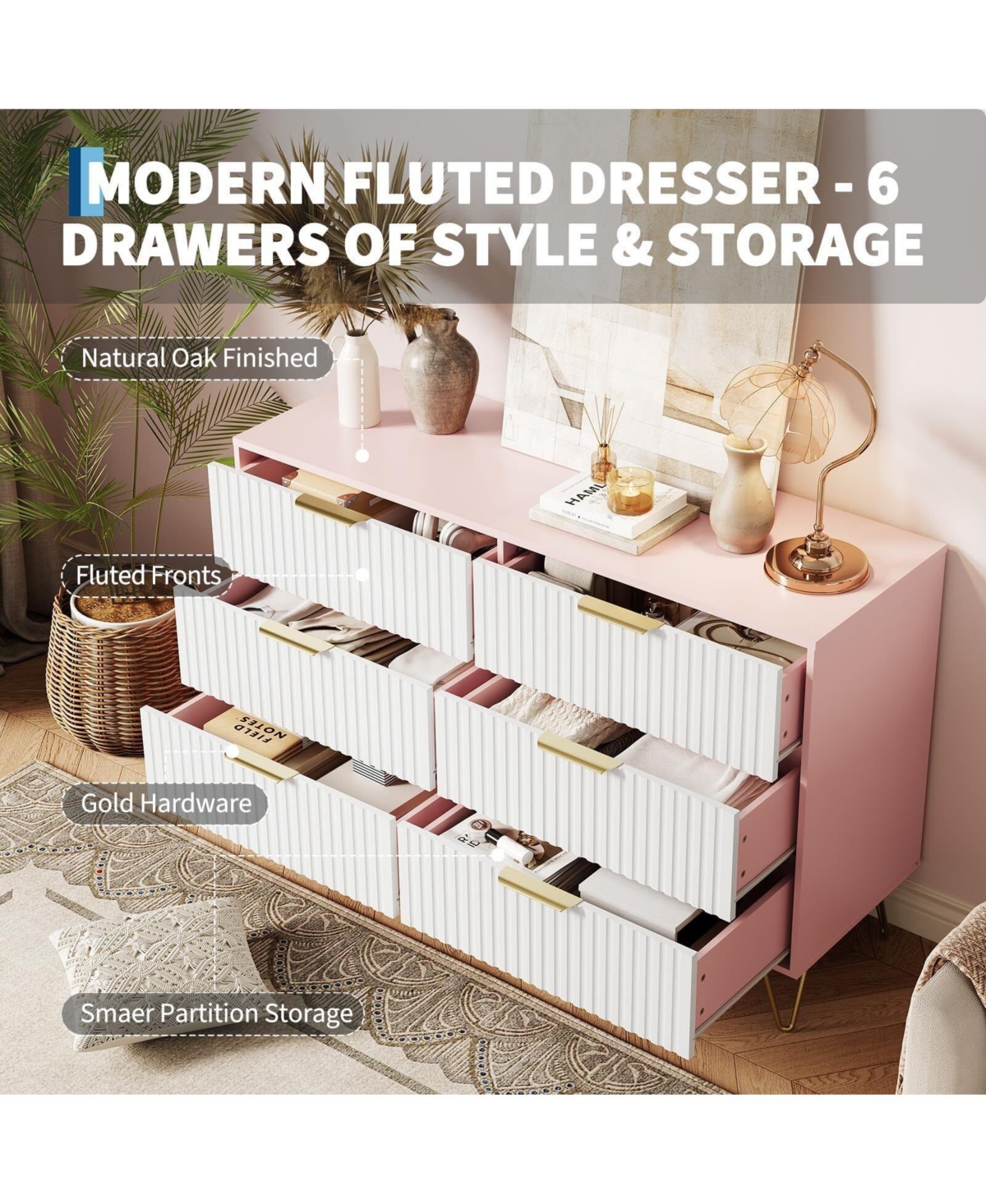 Gaomon 47" Wide Modern Fluted 6-Drawer Wooden Bedroom Dresser