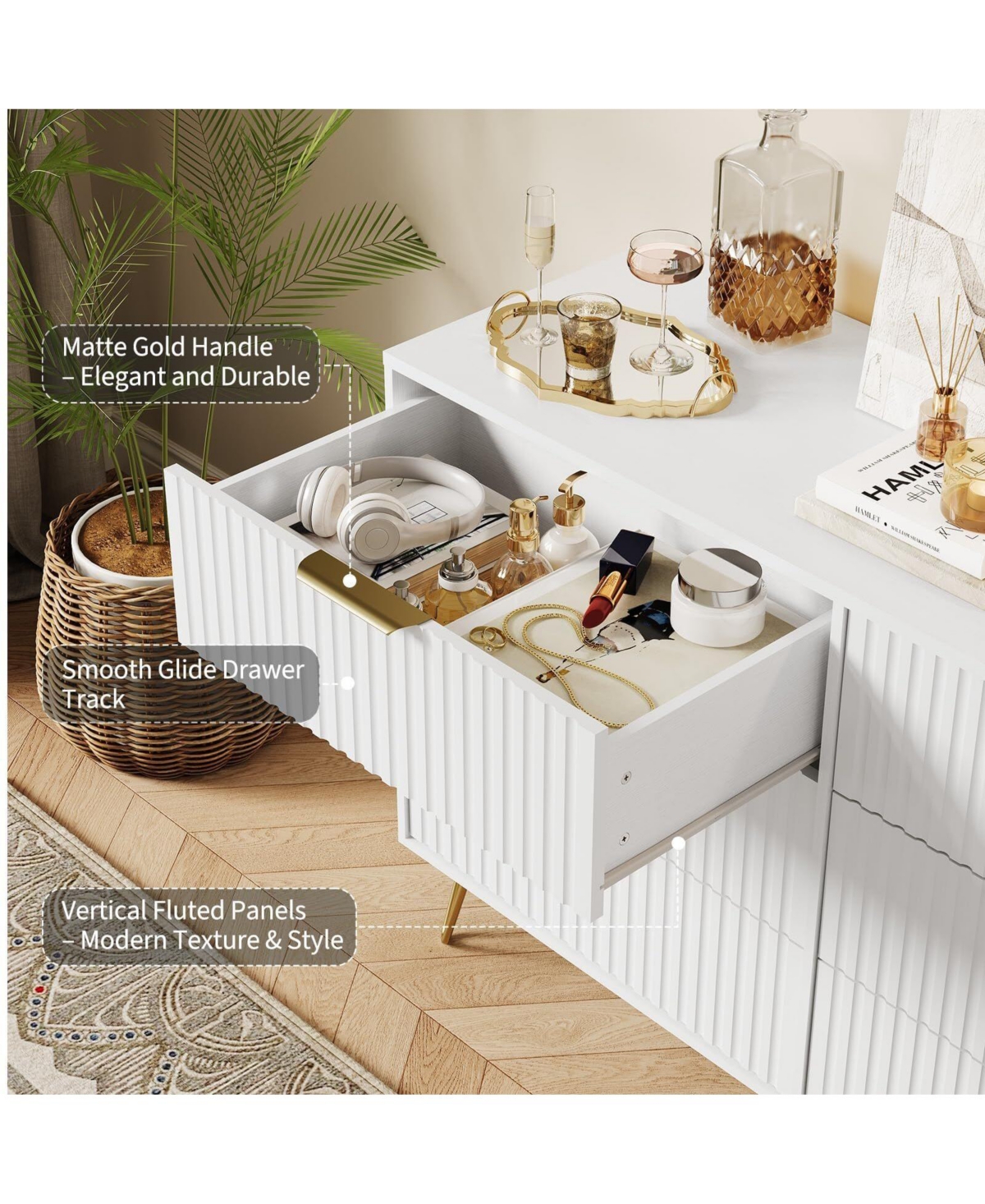 Gaomon 47" Wide Modern Fluted 6-Drawer Wooden Bedroom Dresser