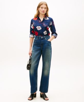 Women's Printed Button-Front Roll-Tab Shirt