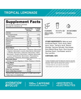 Essential Amino Energy Hydration Plus Focus Powder, Tropical Lemonade, 30 Servings