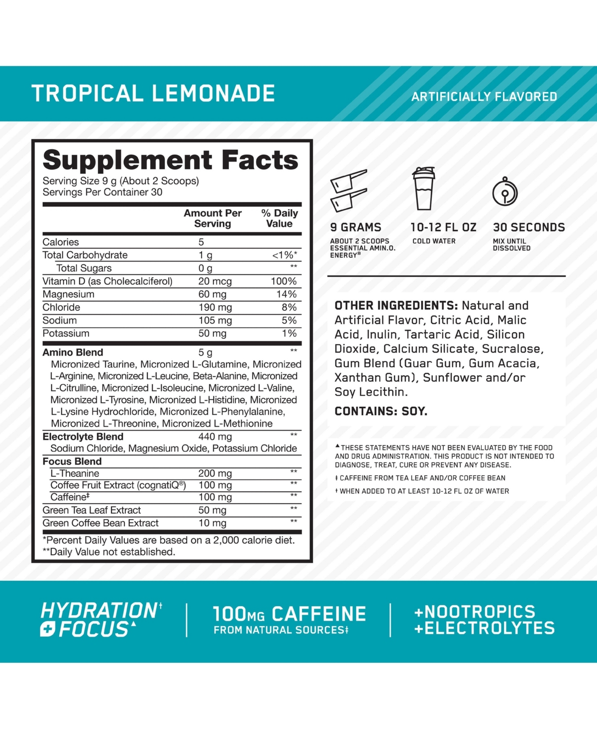 Optimum Nutrition Essential Amino Energy Hydration Plus Focus Powder, Tropical Lemonade, 30 Servings