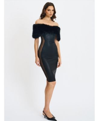 Women's Bellis Black Fur Trim Mesh Panel Off-Shoulder Midi Dress