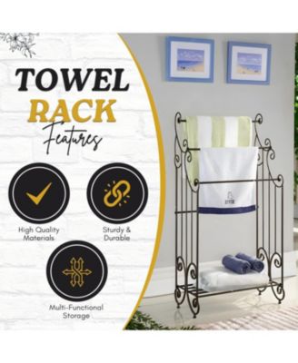 Pewter Metal Towel Racks for Bathroom with Shelf - 3 Long, Sturdy, Versatile & Modern Towel Rack with Storage Shelf