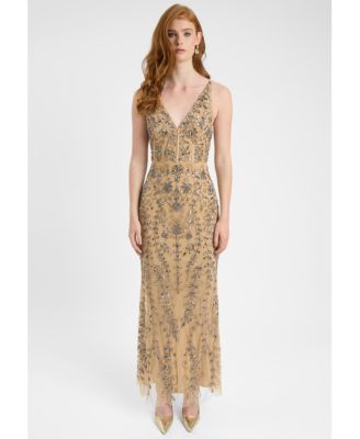 Women's Embellished Sequin Beaded Corset Maxi Dress With Deep V-Cut