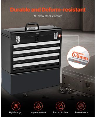 Metal Tool Box, 20.5", Portable 4-Drawer Tool Chest, EVA Liners, Locking Ball-Bearing Slides, Powder-Coat