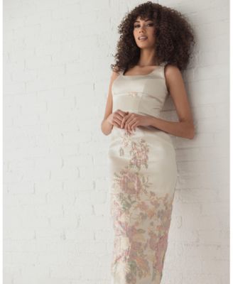 Women's Slim Strap Scoop Neck Bustier Brocade Midi Dress