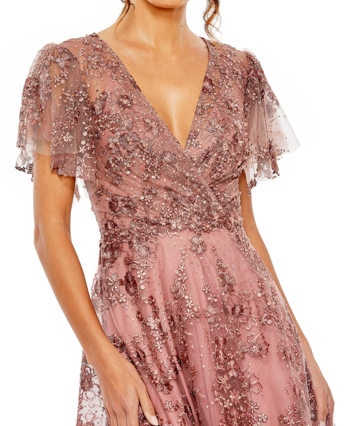 Mac Duggal Women's Embroidered Flutter Sleeve A Line V Neck Dress