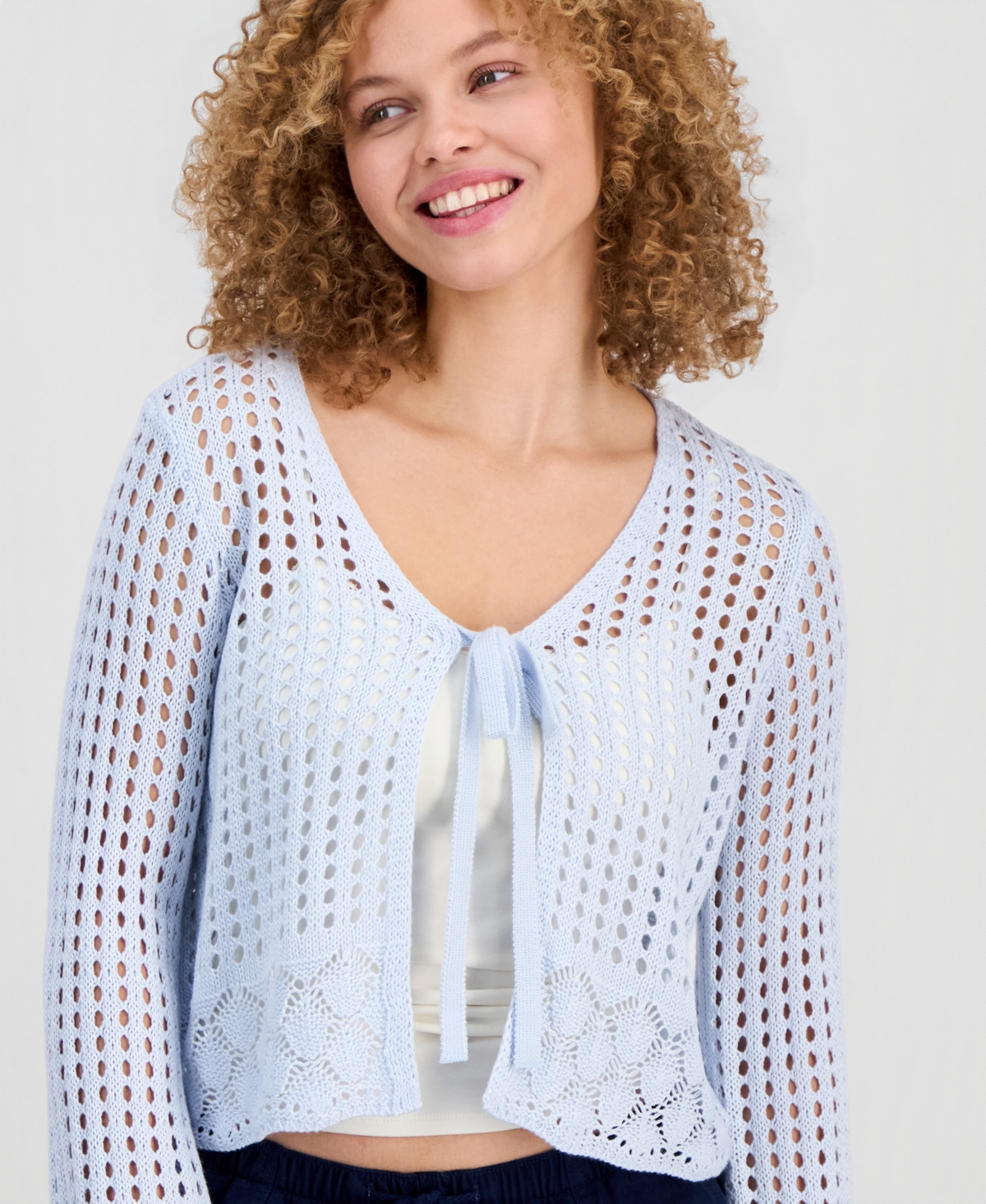 Hooked Up by Iot Juniors' Tie-Front Open-Knit Cardigan
