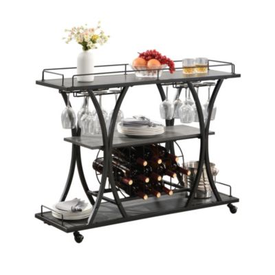 32.6'' Tall Industrial Style Rolling Kitchen Island Wine Cart with Black Finished, Fir Wood Mobile Metal Wine Bar Cart