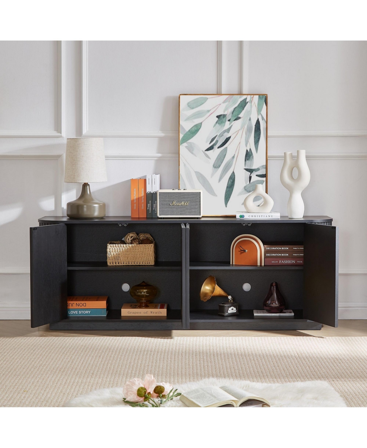 Boyel Living Sideboard Storage Cabinet Tv Stand with Wave Pattern, 64" Wooden Vertical Striped Cabinet for Kitchen Bedroom Entryway